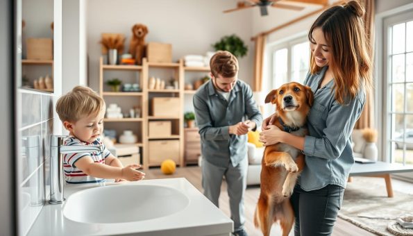 A bright, well-lit indoor scene showcasing a family engaged in proper hygiene practices for interacting with their pet. In the foreground, a young child carefully washes their hands at a bathroom sink while the family dog looks on attentively. In the middle ground, a parent demonstrates how to properly groom the dog, trimming its nails and brushing its coat. The background features shelves stocked with pet supplies, a cozy living room, and large windows flooding the space with natural light. The overall mood is one of education, care, and the joy of a harmonious human-pet relationship. A bright, well-lit indoor scene showcasing a family engaged in proper hygiene practices for interacting with their pet. In the foreground, a young child carefully washes their hands at a bathroom sink while the family dog looks on attentively. In the middle ground, a parent demonstrates how to properly groom the dog, trimming its nails and brushing its coat. The background features shelves stocked with pet supplies, a cozy living room, and large windows flooding the space with natural light. The overall mood is one of education, care, and the joy of a harmonious human-pet relationship.