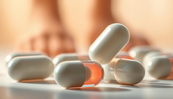 A close-up, 3D illustration of glucosamine and chondroitin capsules against a soft, blurred background. The capsules are lit from the side, casting shadows and highlighting their translucent, gelatinous texture. The foreground is in sharp focus, drawing the viewer's attention to the key ingredients. The middle ground features a backdrop of healthy, mobile joints in warm, earthy tones, subtly hinting at the benefits of these supplements. The overall mood is informative and visually appealing, suitable for an educational article on pet joint health.