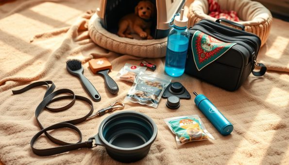 A cozy arrangement of essential pet travel items, meticulously laid out on a soft, neutral-toned blanket. In the foreground, a collapsible water bowl, a leash, and a travel-sized bag of treats. In the middle ground, a grooming brush, a small first-aid kit, and a portable pet carrier. In the background, a plush dog bed, a water bottle, and a colorful bandana. The lighting is warm and natural, casting gentle shadows and highlighting the textures of the various items. The overall mood is one of thoughtful preparation and anticipation for an exciting journey with a beloved furry companion.