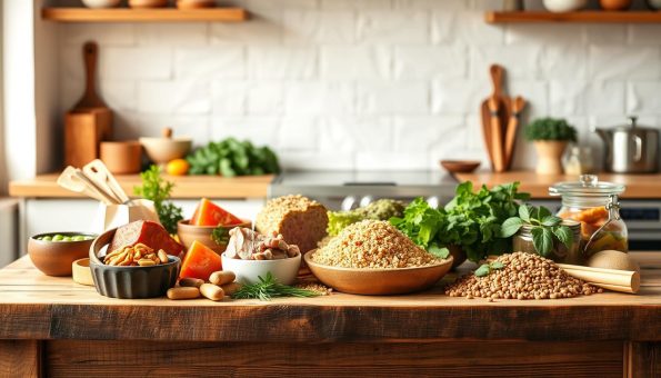 A cozy kitchen setting with a wooden table showcasing various homemade dog food recipes. An assortment of healthy, natural ingredients such as fresh meat, vegetables, and grains are arranged artfully, with a warm, natural lighting highlighting their colors and textures. The background features a minimalist, white-washed wall, creating a clean and inviting atmosphere. The overall composition conveys a sense of care, attention to detail, and a commitment to providing nutritious and delectable meals for discerning canine companions.