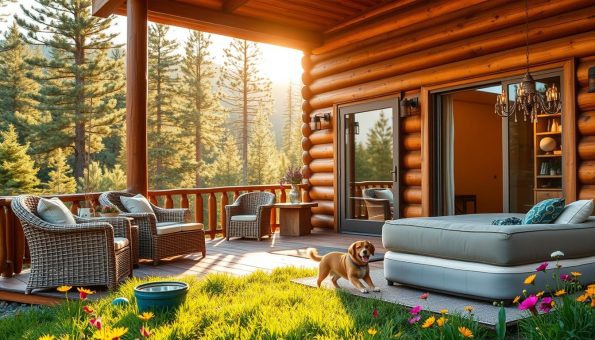 A cozy, rustic cabin nestled in a lush, pine-forested mountain landscape. The exterior features a large porch with comfortable rattan furniture, perfect for relaxing with a furry companion. Warm, golden sunlight filters through the trees, casting a welcoming glow. Inside, the cabin boasts a spacious, open-plan layout with plush, dog-friendly furnishings, including a large, cushioned bed and bowls filled with fresh water and treats. A sliding glass door leads to a fenced-in backyard, where a happy dog plays in the grass, surrounded by vibrant wildflowers. The overall atmosphere exudes a sense of adventure and tranquility, inviting both humans and their four-legged friends to embark on a memorable getaway.