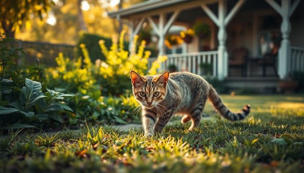 A curious feline cautiously navigates a tranquil outdoor scene, its watchful eyes scanning for potential risks. The cat's body is poised, ready to react to any sudden movements or threats. In the middle ground, a lush, verdant garden provides ample cover and hiding spots, while the background features a cozy cottage with a welcoming porch. Warm, golden-hued natural lighting filters through the scene, casting gentle shadows and highlighting the feline's graceful form. The atmosphere is one of peaceful exploration, with the cat's risk management instincts ever-present, guiding its leisurely meanderings through the secure, idyllic environment.