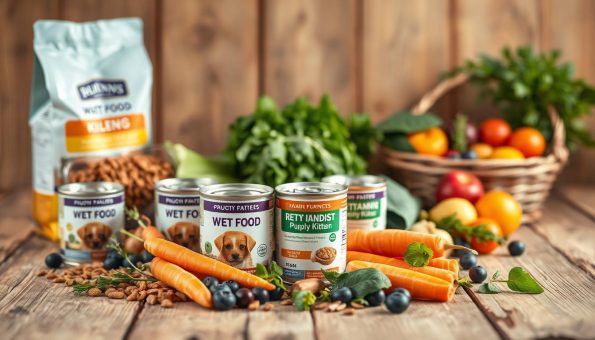 A detailed still life arrangement showcasing the essential dietary components for puppies and kittens. In the foreground, an assortment of high-quality kibble, wet food cans, and vitamin supplements are neatly arranged on a rustic wooden surface. In the middle ground, fresh fruits and vegetables like carrots, blueberries, and leafy greens are scattered, highlighting the importance of balanced nutrition. The background features a soft, natural lighting setup, with warm tones and a slightly blurred backdrop, creating a calming, nurturing atmosphere. The overall composition emphasizes the key elements of a healthy, growth-promoting diet for young companion animals.