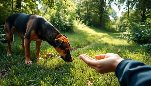 A grassy outdoor scene with a dog intently sniffing along a winding trail, their nose close to the ground as they follow a scent. In the middle ground, an owner holds a treat in their outstretched hand, beckoning the dog to continue its search. The background is filled with lush greenery and dappled sunlight, creating a peaceful, natural atmosphere. The lighting is soft and diffuse, gently illuminating the dog's focused expression and the owner's encouraging pose. The camera angle is positioned low, putting the viewer at the dog's eye level and inviting them to participate in the scent work game.
