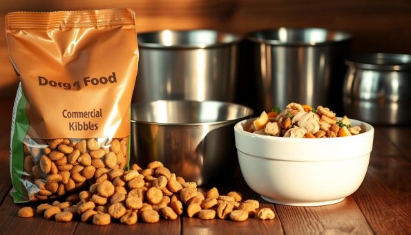 A neatly arranged still life showcasing the contrast between store-bought and homemade dog food. In the foreground, a bag of commercial dog kibble sits next to a bowl of homemade, freshly prepared dog food, made with natural ingredients like cooked chicken, vegetables, and whole grains. The midground features a backdrop of stainless steel bowls, with a rustic wooden table surface. Warm, diffused lighting from the side casts soft shadows, highlighting the textures and colors of the two food options. The overall mood is one of simple, honest comparison, inviting the viewer to ponder the pros and cons of each approach to pet nutrition.
