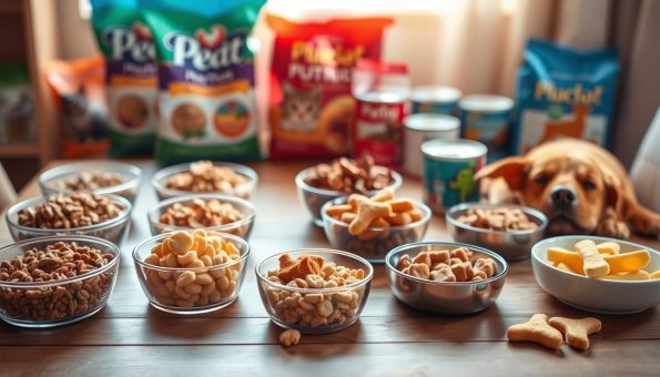 A neatly organized display of various pet food portions on a wooden table, illuminated by soft, natural lighting. In the foreground, precisely measured servings of dry kibble, wet canned food, and healthy treats are arranged in separate bowls, showcasing the recommended daily intake for both cats and dogs. The middle ground features a few pet food bags and cans, hinting at the wide range of nutritious options available. The background subtly fades into a warm, inviting atmosphere, emphasizing the importance of balanced, portion-controlled meals for maintaining a healthy weight in our beloved companion animals.