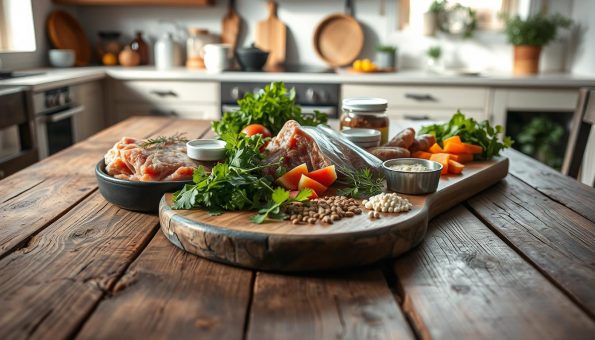 A rustic wooden table, weathered and worn, is the centerpiece of this composition. Atop the table, a variety of pet food ingredients are meticulously arranged: fresh raw meat, chopped vegetables, a scatter of herbs, and a few choice supplements. The lighting is soft and natural, casting gentle shadows that accentuate the textures and colors. In the background, a cozy, minimalist kitchen setting provides a harmonious backdrop, hinting at the homemade, artisanal nature of the "custom pet recipes" being showcased. The overall mood is one of culinary expertise, health-conscious pet care, and a dedication to providing the best for our furry companions.