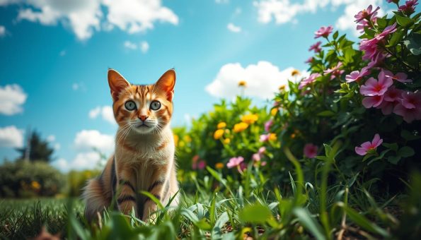 A serene outdoor scene on a sunny day, with a curious feline friend taking a break from its adventure. In the foreground, the cat sits attentively, its eyes scanning the surroundings for any potential threats or opportunities. The middle ground showcases lush greenery, with vibrant flowers and shrubbery providing natural shelter and a comfortable environment. In the background, a clear blue sky with fluffy clouds creates a calming, idyllic atmosphere. The lighting is soft and diffused, casting gentle shadows and highlighting the cat's fur. The camera angle is at eye level, capturing the cat's perspective and inviting the viewer to share in its moment of tranquility. This image aims to convey the importance of understanding outdoor safety precautions for our feline companions, allowing them to explore their natural environment while ensuring their well-being.