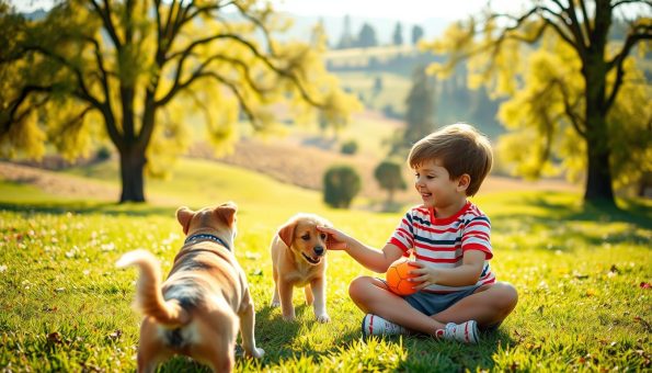 A vibrant outdoor scene with a child and their friendly pet playing together in a lush, sun-dappled park. In the foreground, the child sits cross-legged, gently petting a well-behaved dog as they exchange joyful glances. In the middle ground, the dog fetches a brightly colored ball, its wagging tail and happy expression capturing the playful interaction. The background features a tranquil landscape of rolling hills, flowering meadows, and towering trees that filter the warm, golden light, creating a serene and inviting atmosphere. The overall mood is one of comfort, safety, and the treasured bond between a child and their beloved companion.