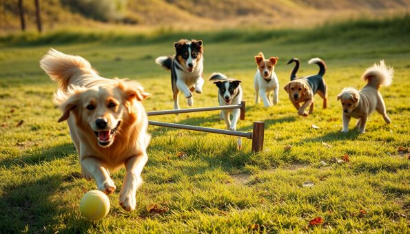 A vibrant outdoor scene with dogs engaged in playful activities. In the foreground, a golden retriever chases after a tennis ball, its coat shimmering in the warm sunlight. In the middle ground, a border collie leaps over a low obstacle, showcasing its agility. In the background, a group of mixed-breed pups frolic in a grassy field, their tails wagging with unbridled enthusiasm. The scene is bathed in a soft, natural light, creating a sense of warmth and joy. The composition is balanced, with the dogs positioned in dynamic poses that capture the energy and excitement of the moment. The overall atmosphere conveys the spirit of outdoor adventure and the bond between humans and their canine companions.
