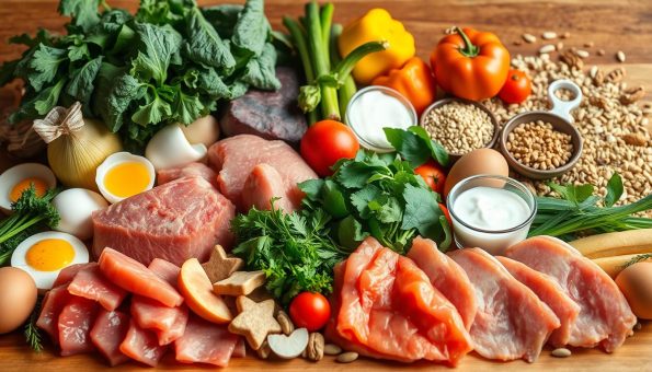 A vibrant still life composition of balanced pet diet ingredients, captured in warm, natural lighting. In the foreground, a variety of fresh meats, fish, eggs, and dairy products are neatly arranged, showcasing the protein sources essential for a healthy pet diet. The middle ground features an assortment of leafy greens, vegetables, and fruits, providing vital vitamins, minerals, and fiber. In the background, a smattering of grains, seeds, and nuts completes the scene, highlighting the carbohydrate and healthy fat components of a balanced pet meal. The overall composition is visually appealing, with a harmonious color palette and a sense of balance and proportion, emphasizing the importance of a well-rounded, natural diet for cats and dogs.