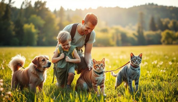 A warm, sun-dappled meadow, where a family of four - a loving parent, a curious child, and two playful pets - prepare for an outdoor adventure. The parent carefully checks the child's backpack, ensuring supplies for a safe and enjoyable journey. The pets, a well-trained dog and a curious cat, eagerly await their turn, their collars adorned with sturdy leashes. Soft, diffused lighting illuminates the scene, casting a gentle glow on the faces of the participants. The composition is balanced, with the figures in the foreground, the lush green meadow in the middle ground, and a distant forest providing a tranquil backdrop. The overall atmosphere conveys a sense of excitement, anticipation, and a deep appreciation for the great outdoors.