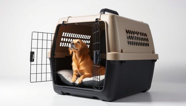 A well-lit, high-resolution photograph of a sturdy, well-ventilated dog travel crate set against a plain white background. The crate is open, revealing a comfortable, cushioned interior. A dog, possibly a golden retriever, sits calmly inside, looking up expectantly. The crate is positioned at a slightly tilted angle, highlighting its design and safety features. Soft, diffused lighting illuminates the scene, creating a sense of warmth and security. The image conveys the importance of proper pet transportation and the need to ensure the comfort and safety of our canine companions during travel.