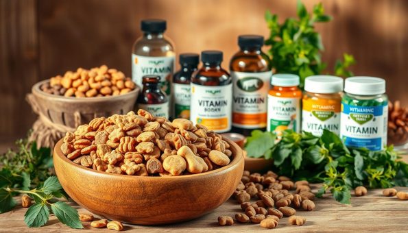 A well-lit still life composition showcasing an arrangement of senior pet essential nutrients. In the foreground, a wooden bowl filled with a variety of high-quality kibble, whole grain treats, and soft chews. In the middle ground, various vitamin and mineral supplements in glass bottles, with labels highlighting their benefits for mature animal companions. In the background, a scatter of fresh herbs, leafy greens, and other natural ingredients associated with nourishing senior pet diets. Warm, natural lighting casts a soft glow over the scene, creating a sense of wholesome, homemade quality. The overall mood is one of care, attention to detail, and a commitment to holistic senior pet wellness.