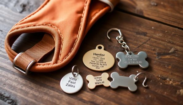 A well-worn dog harness in a warm, earthy tone rests on a wooden surface, its durable fabric and sturdy metal buckles catching the soft, natural light. Beside it, a set of identification tags in varying shapes and sizes - circular, rectangular, and bone-shaped - glint with a polished metal sheen, each engraved with essential details like the dog's name, owner's contact information, and vital medical data. The arrangement conveys a sense of readiness and care, hinting at the importance of these protective accessories for a safe and confident outdoor adventure.