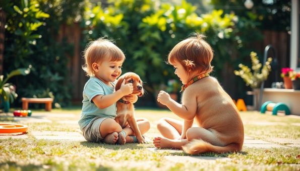 A young child and their loyal canine companion training together in a bright, sunlit backyard. The child, sitting cross-legged, patiently guides the dog through simple obedience commands, rewarding success with enthusiastic praise and tasty treats. The dog, attentive and eager to please, mirrors the child's movements, building a foundation of trust and understanding. Lush greenery and a few scattered toys create a warm, welcoming environment, reflecting the joy and companionship shared between the pair. Soft, diffused lighting accentuates the bond forming before us, a testament to the power of patient, positive reinforcement in nurturing the special relationship between children and their pets. A young child and their loyal canine companion training together in a bright, sunlit backyard. The child, sitting cross-legged, patiently guides the dog through simple obedience commands, rewarding success with enthusiastic praise and tasty treats. The dog, attentive and eager to please, mirrors the child's movements, building a foundation of trust and understanding. Lush greenery and a few scattered toys create a warm, welcoming environment, reflecting the joy and companionship shared between the pair. Soft, diffused lighting accentuates the bond forming before us, a testament to the power of patient, positive reinforcement in nurturing the special relationship between children and their pets.