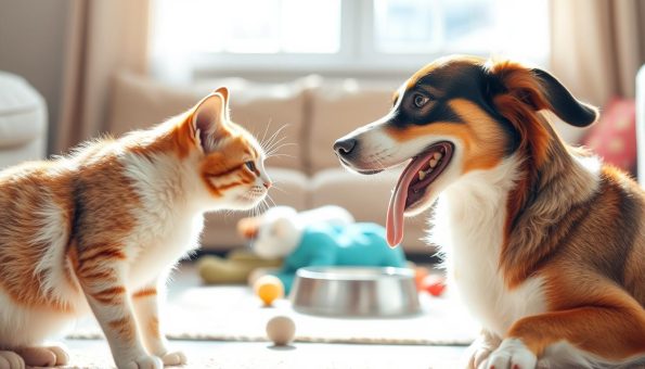 A bright, sunny day in a cozy, well-lit indoor setting. In the foreground, a curious cat and a friendly dog facing each other, their bodies relaxed and tails wagging gently, as they cautiously sniff and explore one another. The cat's ears are perked up, its eyes filled with intrigue, while the dog's tongue hangs out in a playful expression. In the middle ground, plush pet toys and a water bowl are visible, creating a welcoming, home-like atmosphere. The background features soft, blurred tones of warm neutrals, suggesting a comfortable living room or den. The overall mood is one of gentle interaction, trust-building, and the beginnings of a harmonious relationship between the two animals.