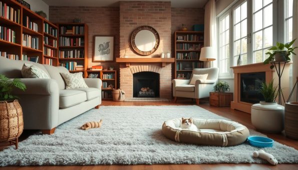 A cozy and welcoming pet-friendly home setup, with a comfortable living room featuring a plush sofa, armchair, and a large, soft rug. In the background, a well-stocked bookshelf and a decorative fireplace add warmth and character. The room is bathed in soft, natural lighting filtering through large windows, creating a serene and inviting atmosphere. In the foreground, a pet bed, toys, and a water bowl are placed strategically, catering to the needs of a furry companion. The overall scene conveys a sense of harmony and thoughtfulness, reflecting the care and attention given to creating a pet-friendly environment.
