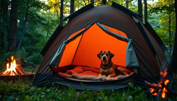 A cozy dog camping tent nestled in a lush, verdant forest clearing. The tent's warm amber glow emanates through its mesh windows, inviting the canine companion to rest after a day of adventuring. Soft, plush bedding fills the interior, providing comfort and relaxation. Gentle rays of sunlight filter through the trees, casting a serene, natural ambiance. The tent's durable, water-resistant fabric blends seamlessly with the surrounding foliage, creating a harmonious outdoor retreat. Nearby, a campfire crackles, adding to the tranquil atmosphere. The dog, content and at peace, lounges within the shelter, ready to embark on new explorations with its human companion.