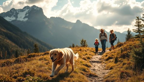 A lush outdoor scene with a family enjoying a hiking adventure with their beloved pet. In the foreground, a golden retriever bounds enthusiastically, its coat shimmering in the warm sunlight. The middle ground features the family - a young couple and their child - navigating a winding trail, their backpacks and hiking gear suggesting a day of exploration. In the background, towering mountains rise, their peaks capped with snow and a picturesque sky above, filled with fluffy white clouds. The lighting is soft and natural, casting a serene, adventurous atmosphere. The composition emphasizes the harmony between the family, their pet, and the great outdoors, showcasing the joys of enhanced outdoor experiences with a furry companion.