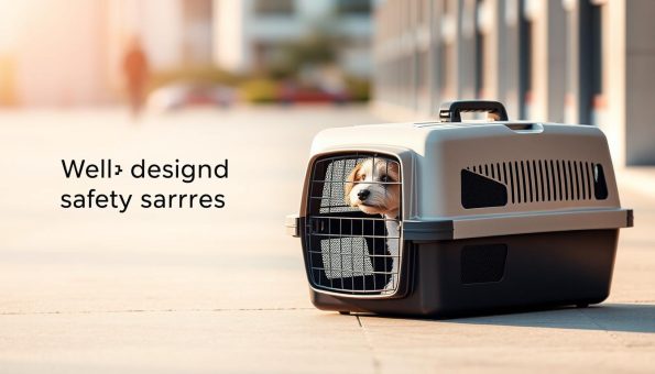 A pet carrier with well-designed safety features displayed in a crisp, clean, and minimalist style. The carrier is positioned in the foreground, showcasing its sturdy construction, secure latches, and breathable mesh panels. The middle ground features a blurred urban backdrop, suggesting the carrier's suitability for everyday travel. Soft, warm lighting from the side casts gentle shadows, highlighting the carrier's thoughtful design and attention to detail. The overall mood is one of confidence and reliability, conveying the sense of safety and comfort for both the pet and the owner during their journey.