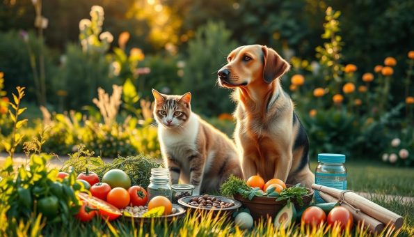 A serene outdoor scene showcasing natural pet health prevention techniques. In the foreground, a dog and cat sit together, their coats gleaming with the healthy glow of a natural diet and supplements. In the middle ground, an array of fresh herbs, fruits, and vegetables, representing a holistic approach to pet wellness. In the background, a lush, verdant garden bathed in warm, golden sunlight, conveying a sense of tranquility and harmony. The composition is captured with a wide-angle lens, emphasizing the interconnectedness of the natural elements. The overall mood is one of balance, contentment, and a celebration of nature's restorative powers for our beloved animal companions.