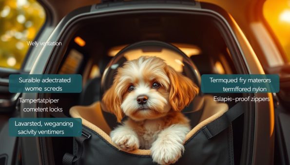 A sleek, modern pet carrier with innovative design features that prioritize the comfort and safety of the animal occupant. In the foreground, a well-ventilated, ergonomic carrier with adjustable straps and a transparent dome lid. The middle ground showcases advanced security measures like tamper-evident locks and escape-proof zippers. In the background, high-quality, durable materials such as reinforced nylon and padded interiors are visible, creating an atmosphere of premium quality and functionality. Warm, natural lighting accentuates the thoughtful engineering, while a low camera angle emphasizes the carrier's protective embrace of the pet inside.
