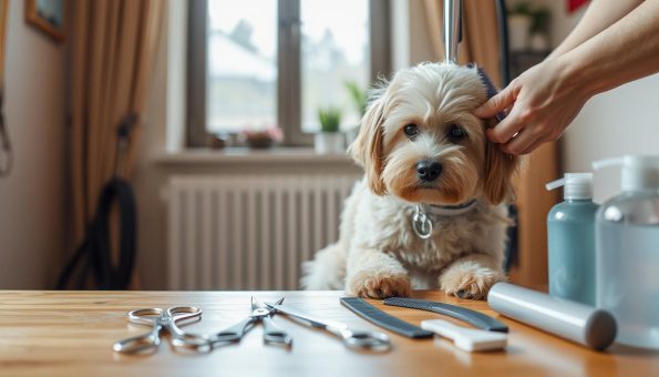 A step-by-step pet grooming process, captured in a warm, inviting setting. In the foreground, a fluffy dog being carefully brushed by a skilled hand, their bond evident. The middle ground features various grooming tools - scissors, combs, and shampoo bottles - neatly arranged on a wooden table. In the background, natural light filters through a window, creating a calming atmosphere. The scene conveys the care and attention required to maintain a pet's health and hygiene at home, in a visually appealing and informative manner.