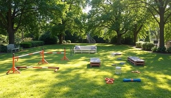 A sun-dappled outdoor space with a well-manicured lawn, surrounded by lush greenery and tall trees providing gentle shade. In the foreground, a robust agility course with hurdles, tunnels, and balance platforms, inviting dogs and their owners to engage in playful training. The middle ground features a cozy seating area with comfortable benches, perfect for observing and rewarding pets. Scattered throughout, various durable chew toys, treat dispensers, and water bowls encourage natural behaviors and positive reinforcement. The atmosphere is serene, with a soft breeze and the distant chirping of birds, creating a calming and enriching environment for safe, effective dog training.