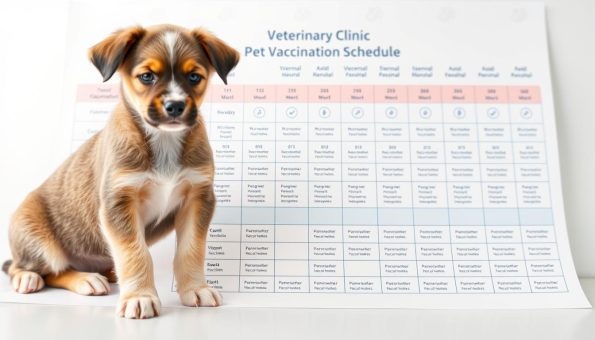 A veterinary clinic's customized pet vaccination schedule, showcasing a clean, organized layout with detailed icons and schedules for different animal breeds and age groups. The foreground features a close-up of a puppy's vaccination record, with the middle ground displaying a comprehensive timeline of recommended shots and boosters. The background shows a crisp, white backdrop, with subtle pastel accents and medical-themed patterns to create a professional, trustworthy atmosphere. Soft, diffused lighting highlights the clean, informative design, emphasizing the importance of maintaining a tailored vaccination routine for the health and well-being of beloved pets.