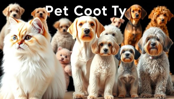 A vibrant and informative visual showcase of different pet coat types, captured with a crisp, realistic photographic style. In the foreground, a fluffy Persian cat, its long silky fur meticulously groomed, contrasts with a short-haired Labrador Retriever, its sleek coat glistening under natural lighting. In the middle ground, a curly-coated poodle and a wire-haired Terrier, their distinct textures and patterns highlighting the diversity of canine coats. The background features a variety of other pet companions, from a sleek Siamese cat to a shaggy Afghan Hound, all beautifully illuminated to showcase their unique grooming needs and characteristics.