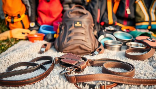 A vibrant outdoor adventure scene featuring an assortment of pet gear. In the foreground, a high-quality leather leash and adjustable harness lie on a soft, plush blanket. The middle ground showcases a sturdy backpack with ventilated panels, designed to comfortably carry a small dog. In the background, an array of accessories such as collapsible water bowls, weatherproof jackets, and reflective safety tags are arranged neatly. The lighting is warm and natural, capturing the scene in a cozy, inviting manner. The overall mood evokes a sense of excitement and preparedness for an upcoming outdoor adventure with a beloved furry companion.