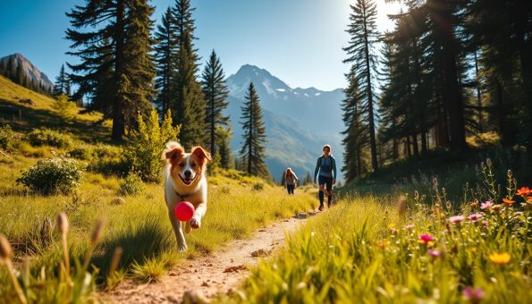 A vibrant outdoor scene, captured with a wide-angle lens, showcasing the joy of a family's pet adventure. In the foreground, a playful dog bounds through a sun-dappled meadow, its fur glistening as it chases a brightly colored ball. The middle ground reveals a well-maintained hiking trail, winding through lush greenery and colorful wildflowers. In the background, majestic mountains rise, their peaks dusted with a touch of snow, creating a serene and picturesque backdrop. The warm, golden lighting filters through the trees, casting a soft, inviting glow over the entire scene, conveying a sense of wonder and freedom.