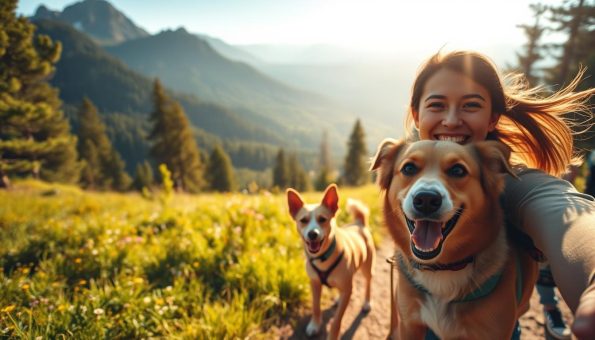 A vibrant outdoor scene with a joyful companion. In the foreground, a smiling person and their energetic canine friend, tails wagging as they explore a sun-dappled forest trail. The middle ground features a lush, verdant landscape dotted with wildflowers, while the background reveals a breathtaking mountain vista bathed in warm, golden light. The lighting is soft and natural, casting a gentle glow on the pair as they embark on an adventurous journey together. Captured with a wide-angle lens to convey a sense of boundless exploration and camaraderie. A serene, idyllic setting that evokes the thrill of discovering the great outdoors alongside a beloved pet.