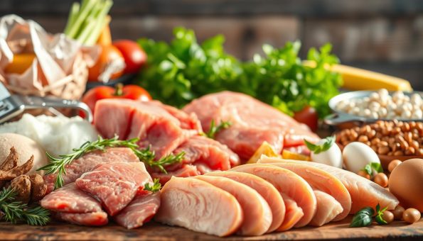 A vibrant still life showcasing an assortment of high-quality protein sources for pets, such as lean meats, fish, eggs, and plant-based options like tofu and legumes. The scene is brightly lit from the side, casting warm shadows and highlighting the varied textures and colors of the ingredients. The foreground features the main protein items neatly arranged, with a blurred background of fresh vegetables, herbs, and a rustic wooden surface. The overall mood is one of health, nutrition, and culinary appeal, conveying the importance of a balanced, protein-rich diet for cats and dogs.