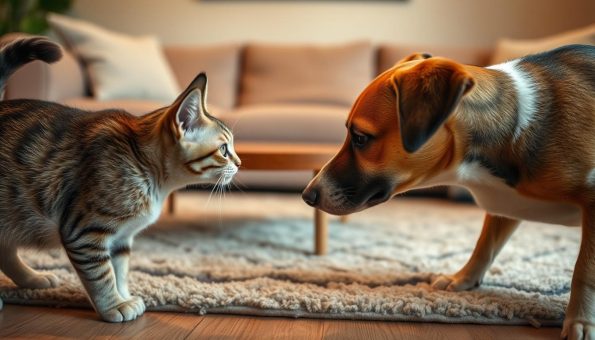 A warm, cozy living room setting with soft lighting. In the foreground, a curious cat and a playful dog cautiously approach each other, noses almost touching, expressions filled with intrigue and anticipation. The cat's tail twitches gently, while the dog's ears are perked up, body language indicating a willingness to make new friends. In the middle ground, a plush area rug and a low coffee table create a comfortable, inviting atmosphere. The background features muted, earthy tones, hinting at a serene, welcoming home environment. The overall scene conveys a sense of harmony, as the two pets tentatively initiate their first interaction.