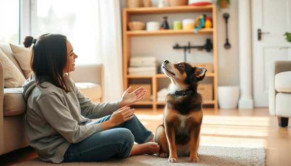A warm, inviting living room setting where a person is sitting on the floor, petting and praising their canine companion. The dog is looking up attentively, their tail wagging with excitement. The room is bathed in soft, natural lighting, creating a calming atmosphere. The person's body language and facial expression convey patience, positivity, and a strong bond with the pet. In the background, shelves with pet supplies and training tools are visible, suggesting an environment conducive to effective pet training. The overall scene evokes a sense of trust, affection, and the power of positive reinforcement techniques in building a stronger relationship between a pet and their human.