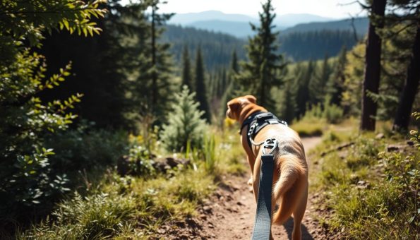 A well-equipped dog hiking through a scenic forest, leash and harness in tow. In the foreground, a sturdy, adjustable harness and lead, crafted from durable yet supple materials. The dog, a loyal companion, trots confidently along a winding trail, surrounded by lush, verdant foliage. Dappled sunlight filters through the canopy, casting a warm, natural glow on the scene. In the background, towering evergreens and the distant silhouettes of rolling hills create a sense of depth and tranquility. The overall mood is one of adventure, exploration, and the deep bond between human and canine, ready to embark on an outdoor journey together.