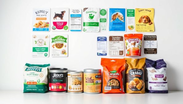 A well-organized arrangement of various pet food labels displayed prominently on a clean, minimalist white background. The labels showcase a diverse range of high-quality, natural ingredients, nutritional information, and branding. The lighting is soft and diffused, highlighting the vibrant colors and glossy textures of the labels. The camera angle is slightly elevated, creating a sense of authority and emphasizing the importance of carefully reading and understanding pet food labeling. The overall mood is informative, educational, and visually appealing, inviting the viewer to explore the intricacies of selecting the best diet for their furry companions.
