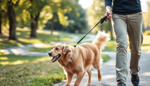 A well-trained dog happily walking on a loose leash, their owner guiding them with gentle, positive reinforcement. The scene is set in a bright, sun-dappled park, with lush greenery and a winding path in the background. The dog, an energetic golden retriever, trots alongside their owner, who holds the leash with a relaxed, confident grip. The overall atmosphere conveys a sense of harmony, trust, and the successful application of effective leash training techniques. Soft, warm lighting enhances the tranquil, wholesome mood. A wide, shallow depth of field gently blurs the background, drawing the viewer's focus to the central interaction between dog and human.